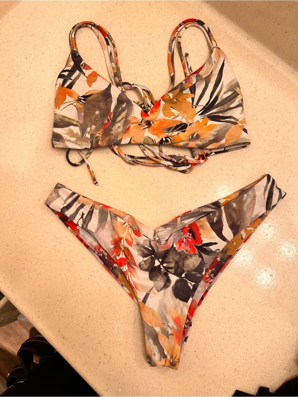 Boys + Arrows Floral Bikini Set in Orange, Gray & Cream